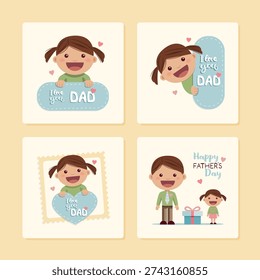 Set of illustrations of a girl congratulating her father on Fathers Day