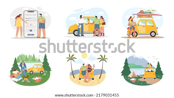 Set of illustrations. A girl and a guy choose a car\
online, rent a car, get the keys from the dealer. They rest in the\
forest, in the mountains, on the seashore.\
Flat vector\
illustration 