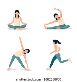 A set of illustrations of a girl involved in sports. Yoga, gymnastics, stretching and running. Sports and recreation. Flat vector illustration isolated on white background.