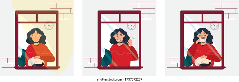 set of illustrations, a girl looks out of the window, drinks coffee, basks in the rays of the sun, waves her hand, strokes a cat, quarantine at home, isolation, stay at home. vector stock illustration