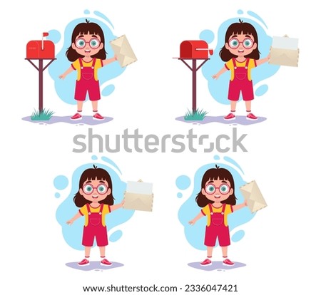 Set of illustrations of a girl with a mailbox