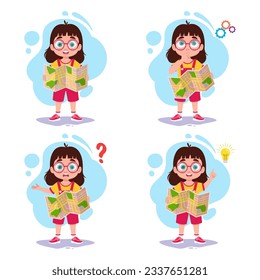 Set of illustrations of a girl with a map	

