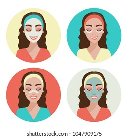 A set of illustrations of a girl with a mask on her face.