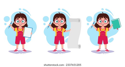 Set of illustrations of a girl with a notebook and a pencil	
