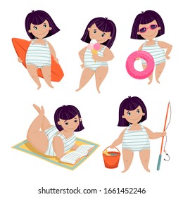 Set of illustrations with a girl on the beach. Different activities. Cartoon style