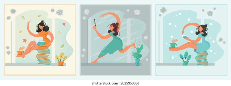 Set of illustrations with a girl on distance learning. Work, study and rest at home. The brunette reads books, studies, goes to Google on the phone and drinks coffee. Atmospheric vector style.