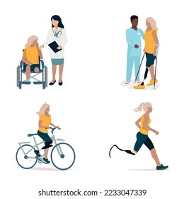 Set of illustrations of a girl with a prosthetic leg. A disabled girl in a wheelchair after amputation, with a doctor learns to walk on a prosthesis, rides a bicycle and runs. Vector illustration