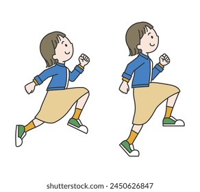 Un conjunto de ilustraciones de una niña corriendo y caminando 