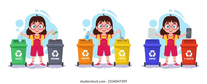Conjunto de ilustraciones de una chica clasificando basura