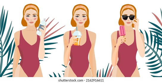 A set of illustrations of a girl in a swimsuit on a summer vacation. A woman with a cocktail in her hands, a cold bottle of water, ice cream. Summer vacation on the beach. Pink swimsuit and sunglasses