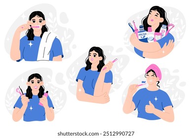 Conjunto de ilustrações com uma menina cuidando dos dentes. Sensação de limpeza após um banho. Cuidados diários ao corpo. Higiene oral pessoal. Prevenção da cárie. Ilustração vetorial em estilo cartoon.