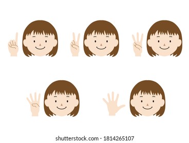 Set of illustrations of girl who expressing the numbers 1 to 5 with hand signs
