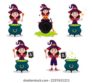 Set of illustrations of a girl in a witch costume	
