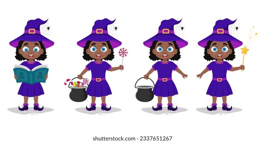 Set of illustrations of a girl in a witch costume	
