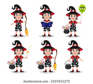Set of illustrations of a girl in a witch costume	

