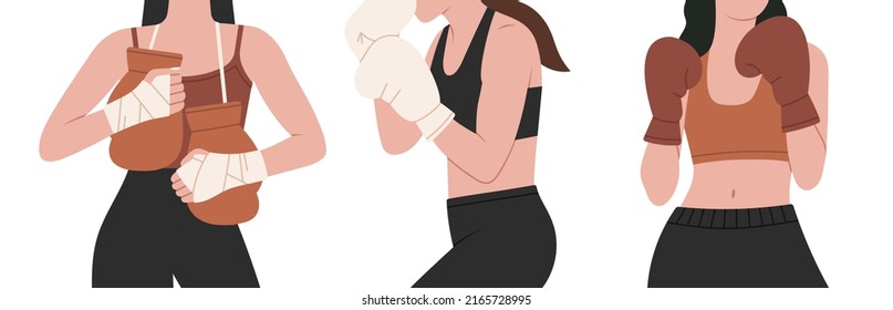 Set of illustrations with girls boxers in sportswear, with gloves. 
Training, boxing, wrestling, defense. Cool sport illustration in modern colors. Banner, poster etc.
Hand drawn vector illustration