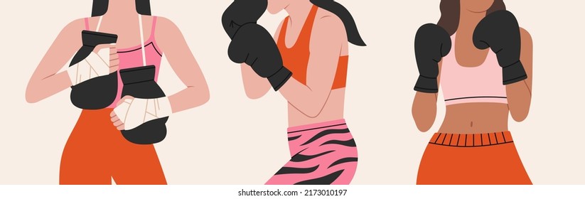 Set of illustrations with girls boxers in sportswear, with gloves. 
Training, boxing, wrestling, defense. Cool sport illustration in modern colors. Banner, poster etc.
Hand drawn vector illustration