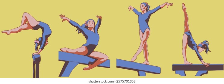 Set of illustrations with girls gymnast doing exercise on balance beam. Vector illustration.