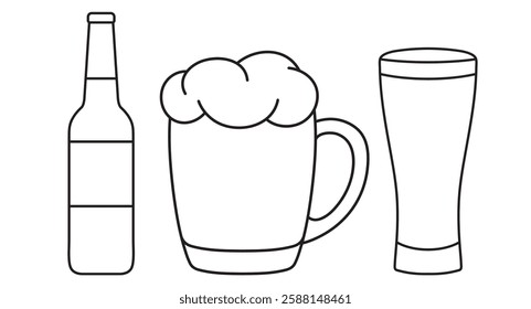 set of illustrations, glass bottle, mug, glass of beer, black and white vector linear icon isolated on a white transparent background