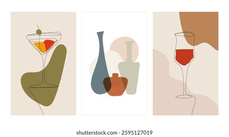 A set of illustrations with glasses and drinks. Cocktail, wine and vases. Stylish vector illustration is suitable for postcards, menu design, posters.