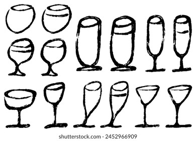 Set of illustrations of glasses of various shapes drawn by brush