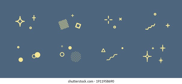 Set of illustrations of glittering stars, geometric patterns, circles, triangles, squares and other decorations