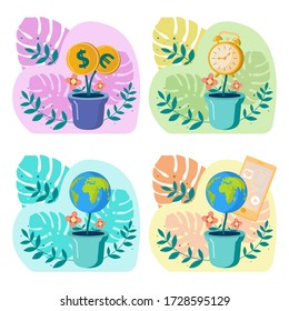 Set of illustrations of a globe, money, watch, flowers, phone