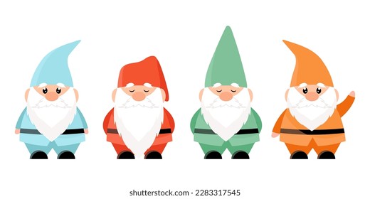 Set of illustrations of gnomes in colored clothes. 
Garden decor, gnome sculpture.