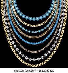 Set of illustrations of gold chains, beads of precious stones in a large necklace.