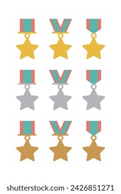 A set of illustrations of gold, silver, and bronze medals awarded for winning sports, competitions, games, and competitions. The medal is in the shape of a star.