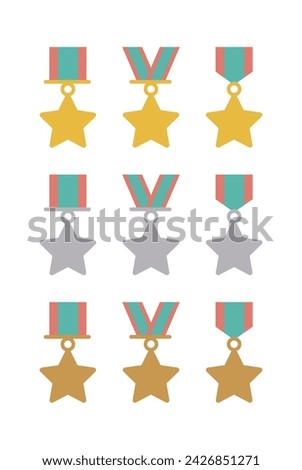 A set of illustrations of gold, silver, and bronze medals awarded for winning sports, competitions, games, and competitions. The medal is in the shape of a star.
