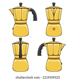 Set of illustrations of golden geyser coffee makers. Isolated vector colored objects on white background.