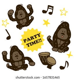 Reihe von Illustrationen von Gorillas auf weißem Hintergrund. Es ist Feiertag. Tanzen, singen. 