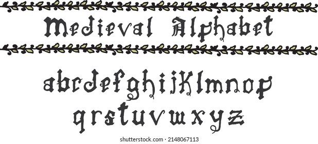 A Set Of Illustrations Of Gothic Medieval Letters On A White Background. Alphabet, Middle Ages, Ready To Use, Eps. For Your Design