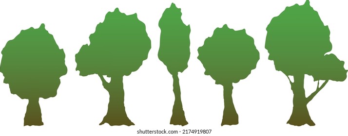 A set of illustrations of gradient trees. Oak, foliage, greenery, ready to use eps. For your design