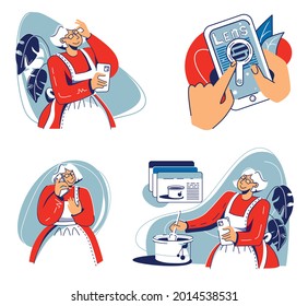 Set of illustrations grandmother uses a modern mobile phone. Elderly woman with short gray hair uses a smartphone. Granny is on phone. Vector illustration in cartoon style isolated on white background