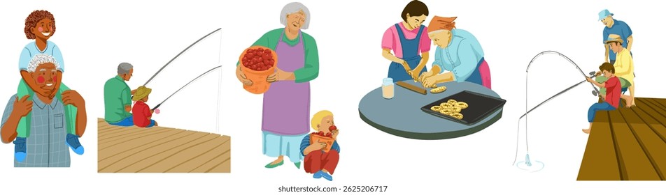 Set of illustrations of grandparents with grandchildren. Vector illustration. Different activities together. Cooking, fishing, doing housework together.