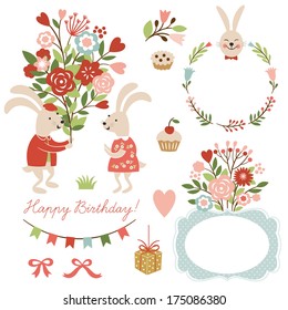 set of illustrations and graphic elements for greeting cards, cute rabbits 