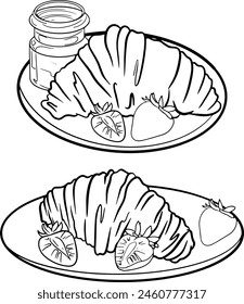 set of illustrations graphics French breakfast with croissants, jam and strawberries
