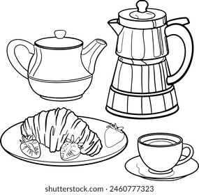 set of illustrations graphics French breakfast with croissants and strawberries, coffee, tea