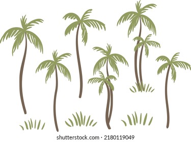 Set of illustrations with green palm trees clipart, Vector illustration in flat cartoon style.
