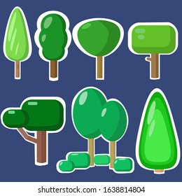 Set of illustrations with green trees and bushes, can be used as objects for games, game design or icons, illustrations in the style of nature.