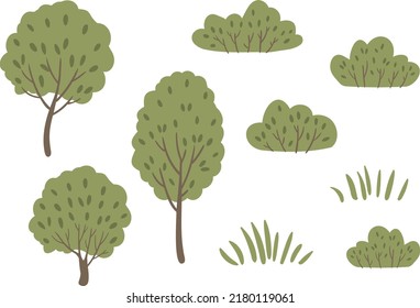 Set of illustrations with green trees and grass clipart, Vector illustration in flat cartoon style.