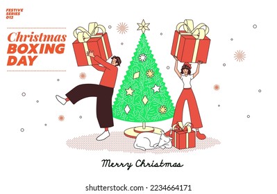 Set of illustrations with a group of friends or family and a couple celebrating Christmas Festive season or Boxing Day and New Year Eve. Flat cartoon illustration concept. The best for greeting card.