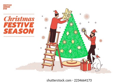 Set of illustrations with a group of friends or family and a couple celebrating Christmas Festive season or Boxing Day and New Year Eve. Flat cartoon illustration concept. The best for greeting card.