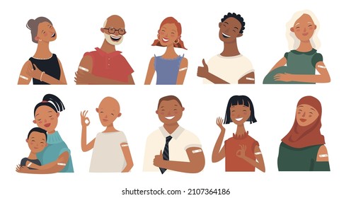 Eine Reihe von Illustrationen einer Gruppe von Menschen nach der Impfung gegen Covid-19. Positive Menschen verschiedener Nationalitäten und Altersgruppen, mit Pflastern auf ihrem Arm nach der Impfung. Vektorgrafik auf Weiß