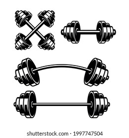 Set of illustrations of gym barbells. Design element for logo, label, sign, emblem, poster. Vector illustration