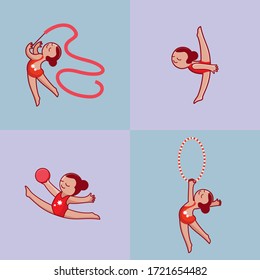 set of illustrations with gymnasts, artistic gymnastics