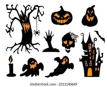 A set of illustrations for Halloween, black creepy silhouettes. Halloween Stickers