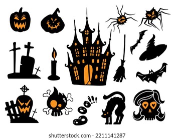 A set of illustrations for Halloween, black creepy silhouettes. Halloween Stickers